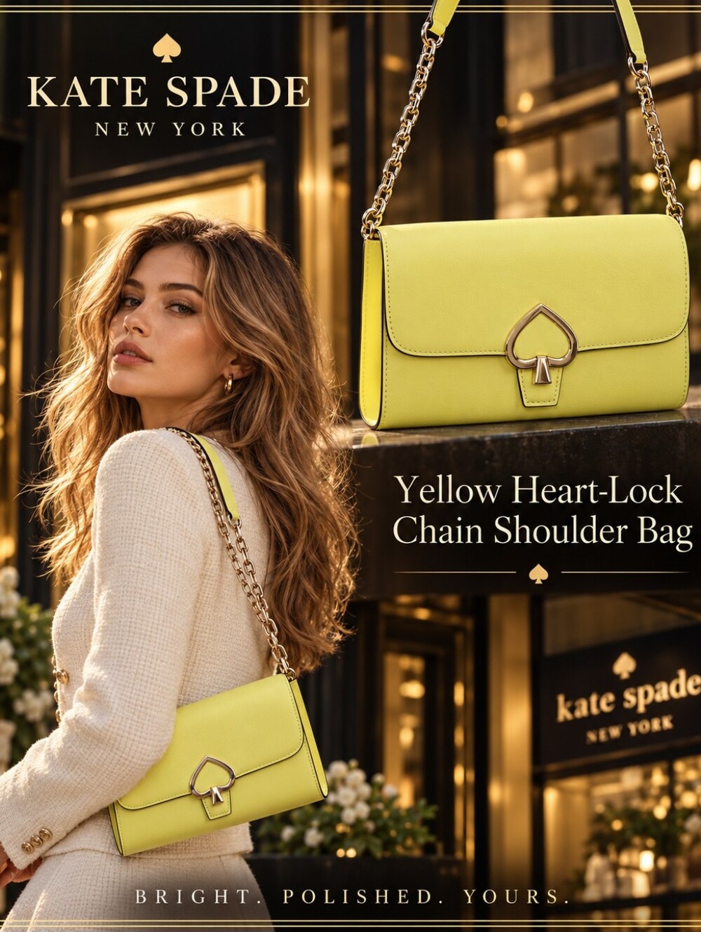 New 🔥!Kate Spade New York Yellow Heart-Lock Chain Shoulder Bag